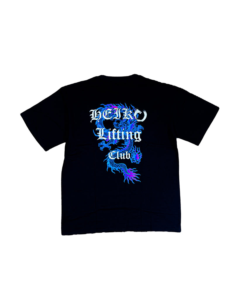 Heiko Ryū Tee in black, back view with the Lifting Club dragon print