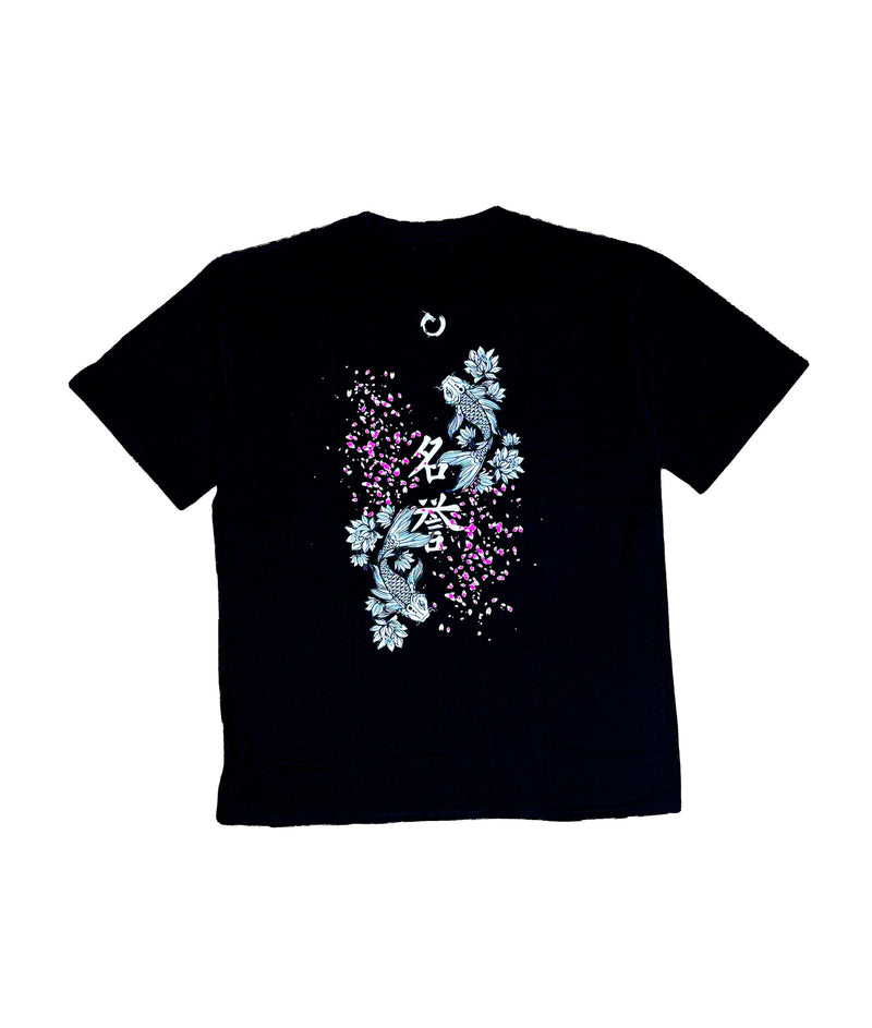 Heiko Koi Tee in black, back view with koi and cherry blossom print